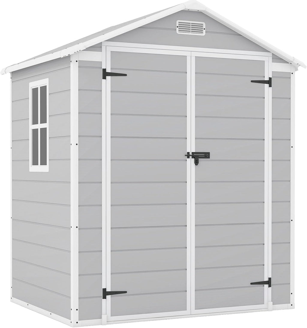 Patiowell 6x4 FT Resin Outdoor Storage Shed with Floor, Plastic Storage Shed with Lockable Door, Outside Shed Perfect to Store Patio Furniture, GardenTools Bike Accessories, Lawn Mower, Light Gray