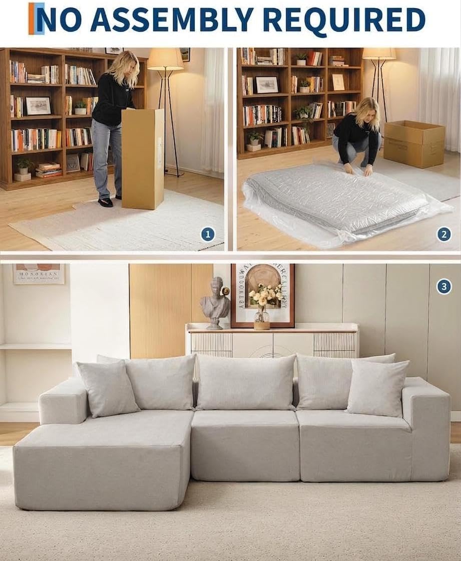 Garvee 108' Modular Sectional Sofa,Cloud Couch Sectional with Left Chaise | Compressed l Shaped Sofa for Living Room | Boneless Couch & Sofa Bed Design,No Assembly Required, Beige
