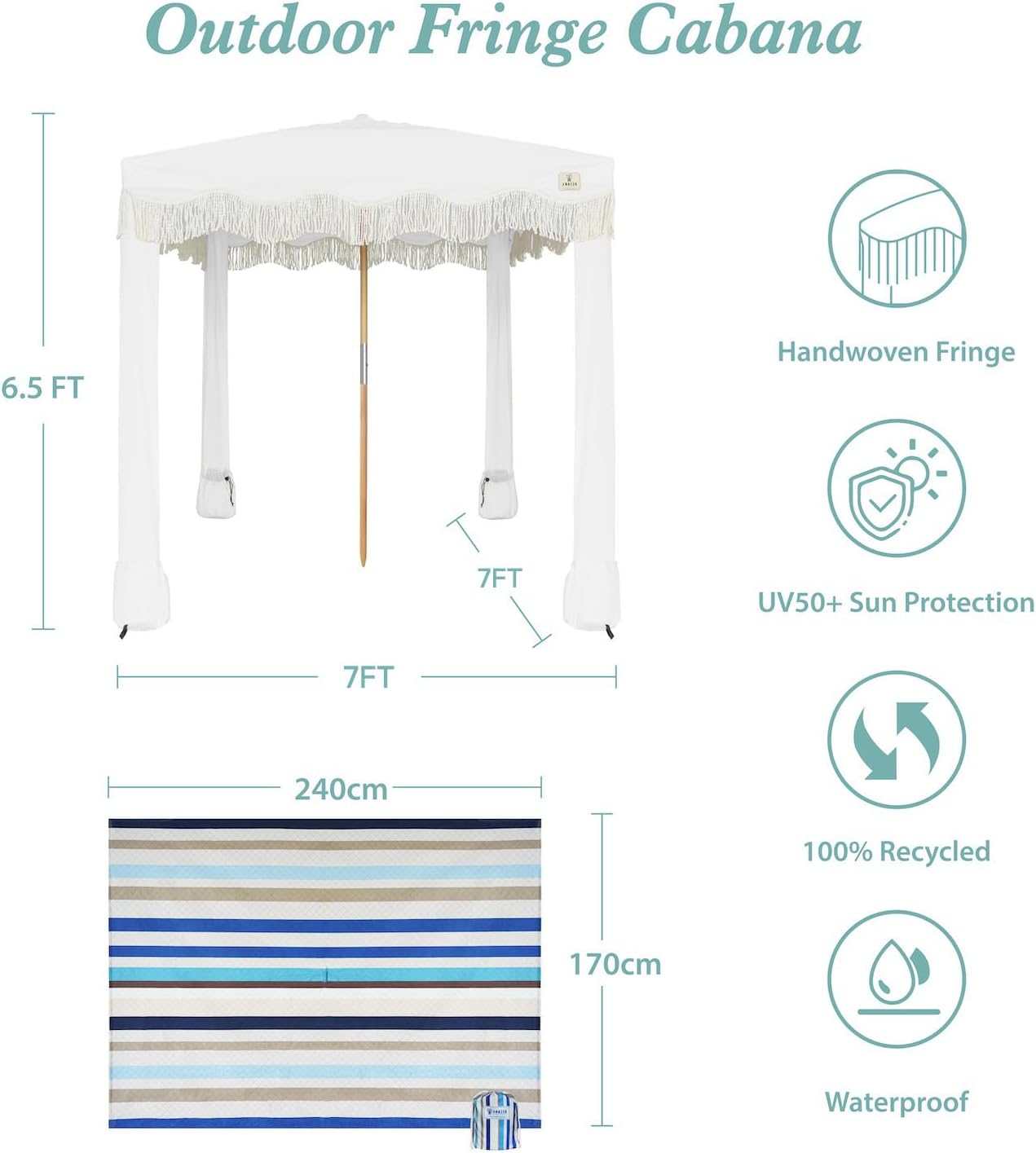 AMMSUN Beach Cabana with Blanket, 7' x 7' Boho Canopy with Tassels, Premium Wood Pole, Fringe Cabana Tent with Sand Pockets, Instant Sun Shade for Sand, Garden, Outdoor, Elegant White