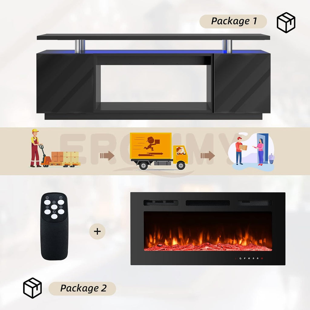 EROMMY 70'' Fireplace TV Stand with 36'' Electric Fireplace, Entertainment Center with 12 Flame Fireplace Insert Heater and 16 Color Led Lights, TV Console for TVs up to 80'' for Living Room, Black