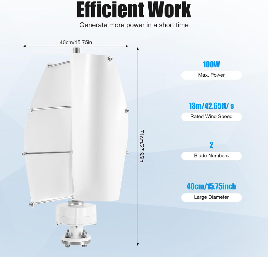 100W Vertical Axis Wind Turbine Generator, Permanent Magnet Generator with Intelligent Controller, Low Noise Helical Design Windmill for Home, Boats, Street Lighting