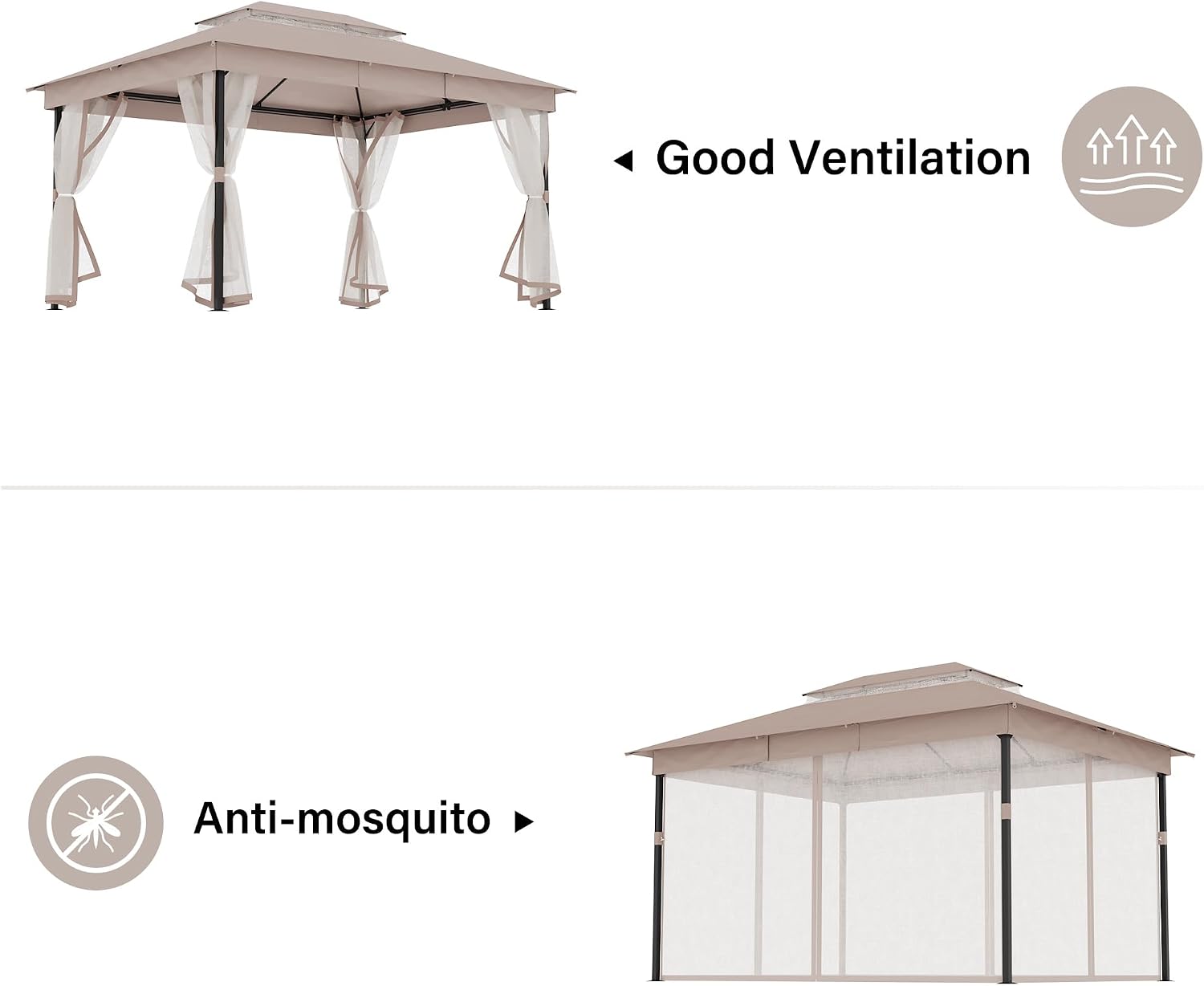 LAUSAINT HOME 10' X 13' Waterproof Patio Gazebo with Mosquito Netting, Double Roof Outdoor Gazebo Pavilion Shelter for Backyard, Garden, Lawn, Wedding (Khaki)