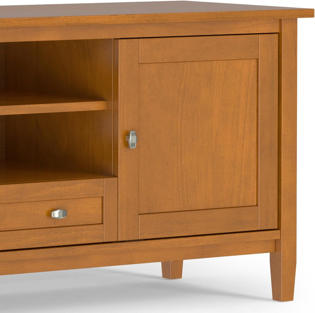SIMPLIHOME Warm Shaker TV Stand - 60 inch Wide Solid Wood Media Console in Light Golden Brown, Transitional Entertainment Center for Living Room for TVs up to 65 Inches with Cable Management