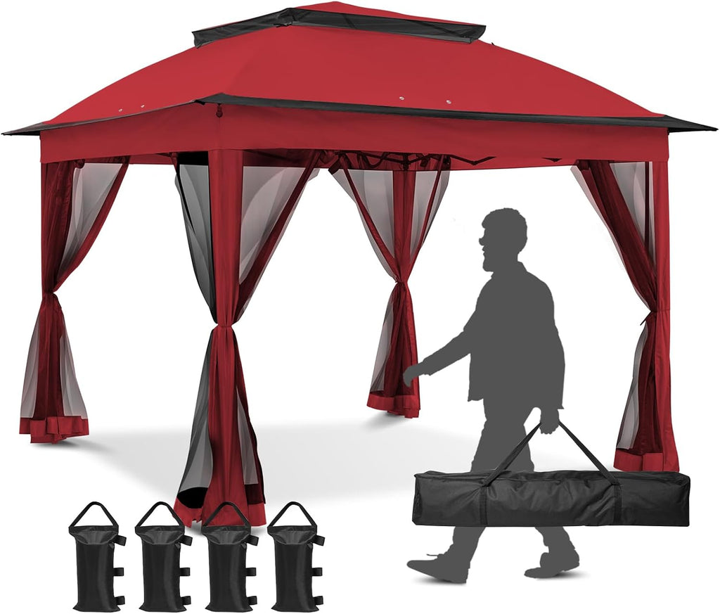 11x11 Pop Up Gazebo Tent with Mesh Netting, Instant Outdoor Canopy with UPF 50+ UV Protection, Water Resistant, Red