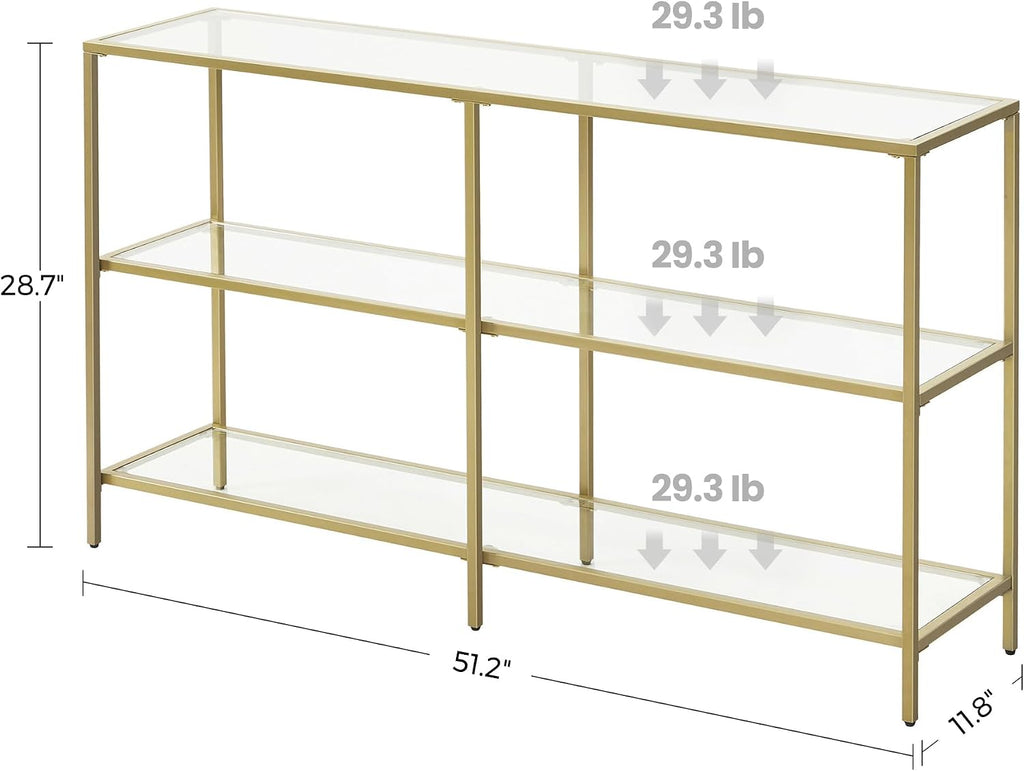VASAGLE 51.2 Inch Console Table with 3 Shelves, Sofa Tables, Modern Entryway Table, Metal Frame, Tempered Glass Shelf, Entryway Living Room Bedroom, Metallic Gold and Transparent ULGT024A01