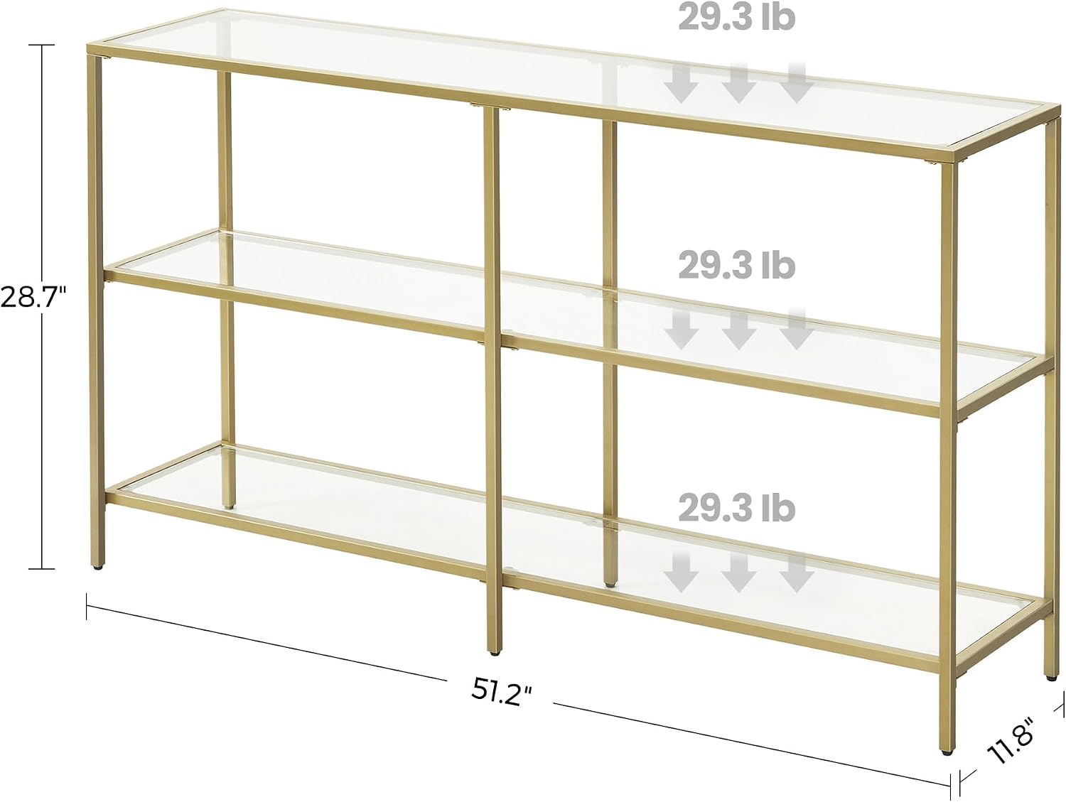 VASAGLE 51.2 Inch Console Table with 3 Shelves, Sofa Tables, Modern Entryway Table, Metal Frame, Tempered Glass Shelf, Entryway Living Room Bedroom, Metallic Gold and Transparent ULGT024A01