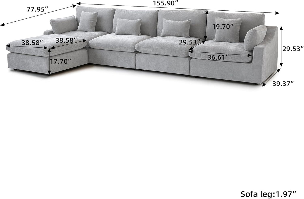 155.9' L Shape Cloud Modular Couches for Living Room, Modern Sectional Sofa with Chaise Ottomans, Deep Seat Couch Cushion Covers Washable&Removable, Sectional Sofas for Home Office Apartment (Grey)