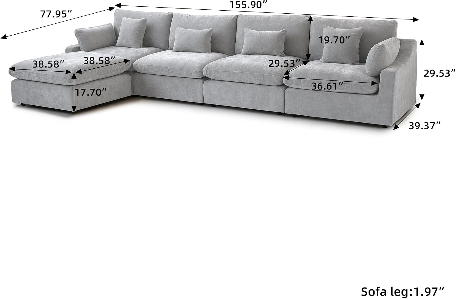 155.9' L Shape Cloud Modular Couches for Living Room, Modern Sectional Sofa with Chaise Ottomans, Deep Seat Couch Cushion Covers Washable&Removable, Sectional Sofas for Home Office Apartment (Grey)