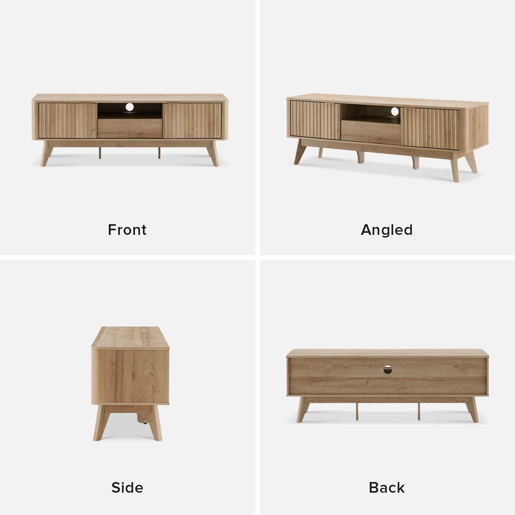 mopio Brooklyn Mid-Century Modern TV Stand, for TVs up to 50' / 59' Waveform Panel, Sleek Curved Profile with Adjustable Shelf and Sturdy Box Frame Leg (Golden Oak, 57')