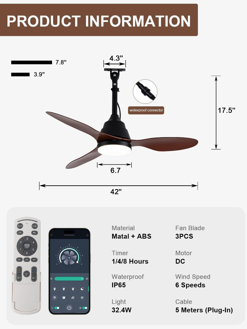 Bella Depot 42' Outdoor Ceiling Fan Waterproof Gazebo Fan with Light Smart App Remote Control Hanging Fan for Outside Patios Pergola Tent Plug-in Design Adjustable Brightness (42'- Coffee)