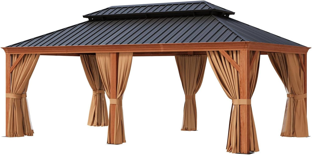 12' x 20' Hardtop Gazebo, Wooden Finish Aluminum Frame with Galvanized Steel Double Roof, Permanent Outdoor Metal Pavilion with Curtains and Netting, Ideal for Backyard, Patio, and Deck
