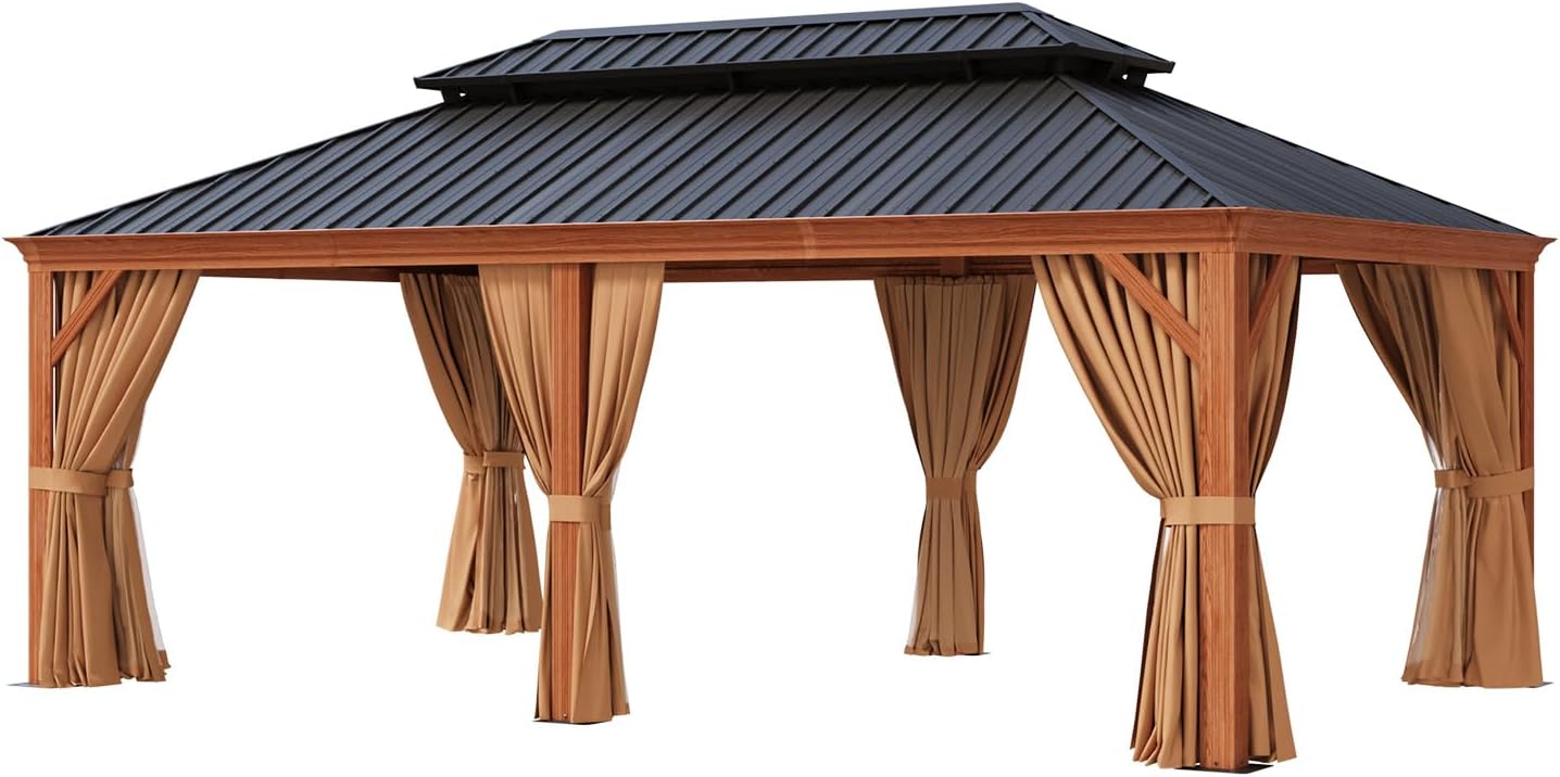 12' x 20' Hardtop Gazebo, Wooden Finish Aluminum Frame with Galvanized Steel Double Roof, Permanent Outdoor Metal Pavilion with Curtains and Netting, Ideal for Backyard, Patio, and Deck