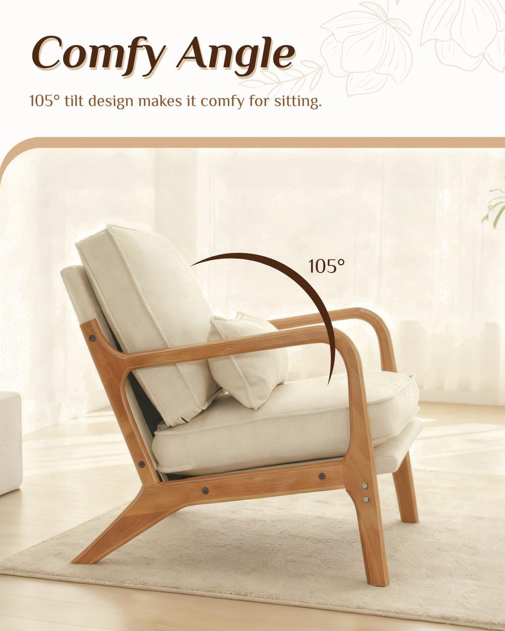 Karl home Accent Chair Mid-Century Modern Chair with Pillow Linen Fabric Upholstered Lounge Arm Chair with Solid Wood Frame & Soft Cushion for Living Room, Bedroom, Balcony, Beige