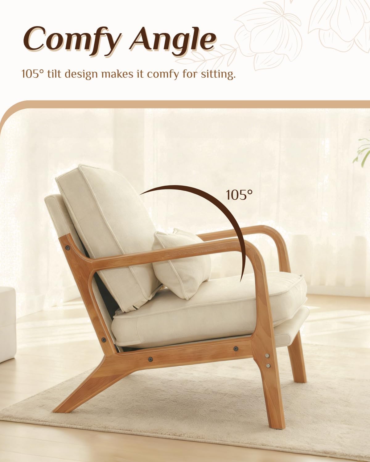 Karl home Accent Chair Mid-Century Modern Chair with Pillow Linen Fabric Upholstered Lounge Arm Chair with Solid Wood Frame & Soft Cushion for Living Room, Bedroom, Balcony, Beige