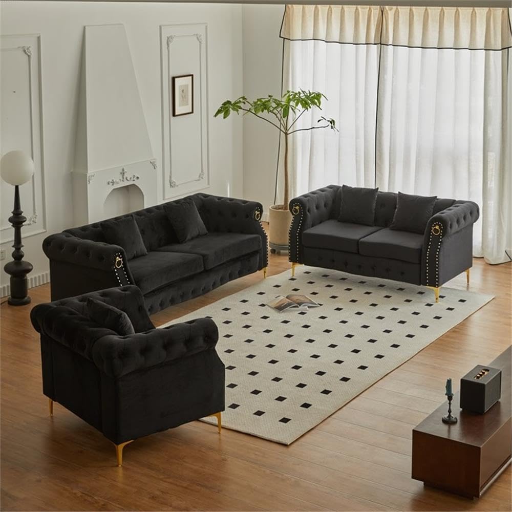 Pemberly Row 3-Piece Velvet Sofa Set, Black Upholstery with Gold Nailhead Trim, Includes Sofa, Loveseat, Armchair, Tufted Detailing, Rolled Arms, Gold Metal Legs, Living Room Furniture for Elegant