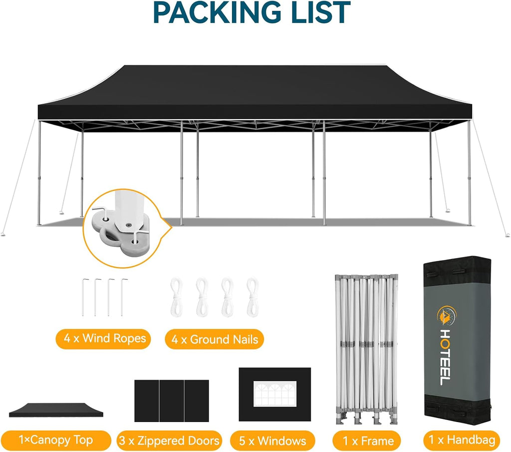 Hoteel 10x30 Pop Up Canopy Tent Heavy Duty with 8 Sidewalls, Waterproof Party Tent, Easy Set-up Commercial Instant Tents with Hand Bag, Rope & Nail, Hexagonal Leg, Black (1-Year Warranty)