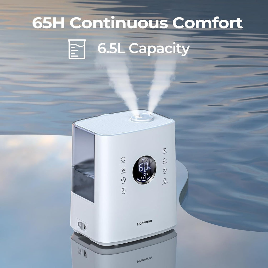 Homvana Humidifiers for Bedroom Large Room, 6.5L Top-Fill Warm & Cool 360° Rotatable Mist Ultrasonic Humidifier for Plants Baby Kids, Vaporizer (Distilled Sterilization) Essential Oil, Auto Sleep Mode