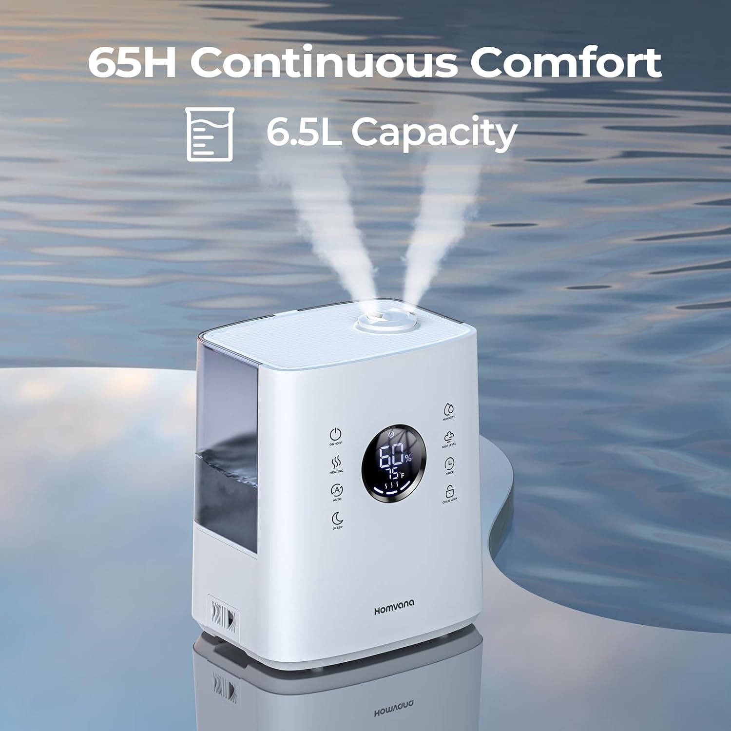 Homvana Humidifiers for Bedroom Large Room, 6.5L Top-Fill Warm & Cool 360° Rotatable Mist Ultrasonic Humidifier for Plants Baby Kids, Vaporizer (Distilled Sterilization) Essential Oil, Auto Sleep Mode