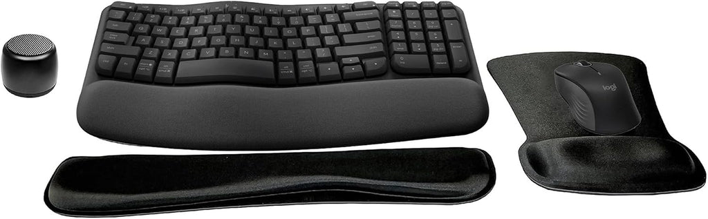 Logitech MK670 Comfort Wave Wireless Keyboard & Mouse Combo Home Office Active Lifestyle Modern Bundle with Micro Portable Wireless Bluetooth Speaker, Gel Wrist Pad & Gel Mouse Pad