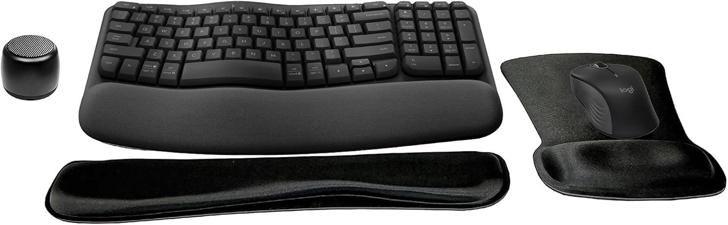 Logitech MK670 Comfort Wave Wireless Keyboard & Mouse Combo Home Office Active Lifestyle Modern Bundle with Micro Portable Wireless Bluetooth Speaker, Gel Wrist Pad & Gel Mouse Pad