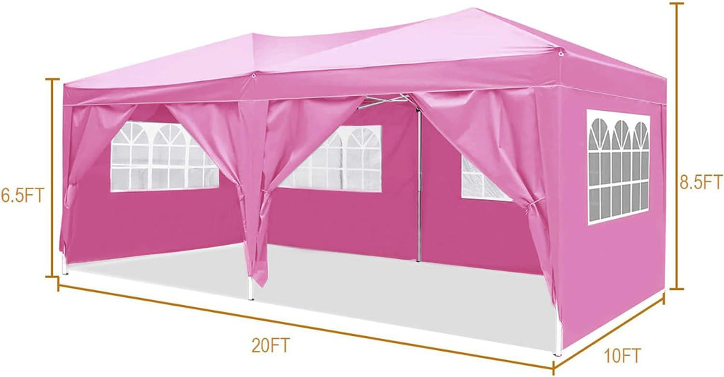 10x20 Pop Up Canopy with 6 Sidewalls Commercial Canopy Tent UPF 50+ All Weather Waterproof Outdoor Wedding Party Tent for Gazebo, Camping, Backyard Parties with Sand Bag, Pink