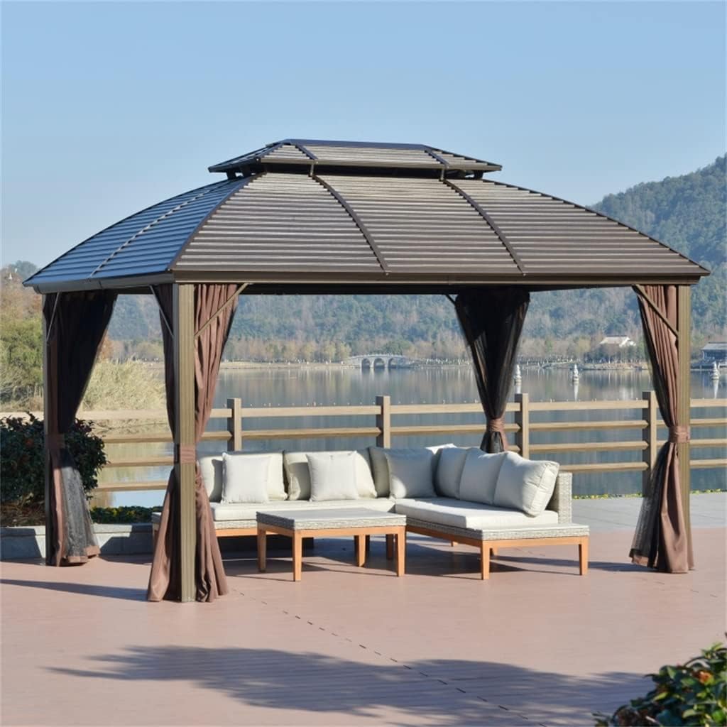 10x12 Hardtop Gazebo with Aluminum Frame, Metal Roof Gazebo Canopy with Curtains and Netting for Gardens, Patios