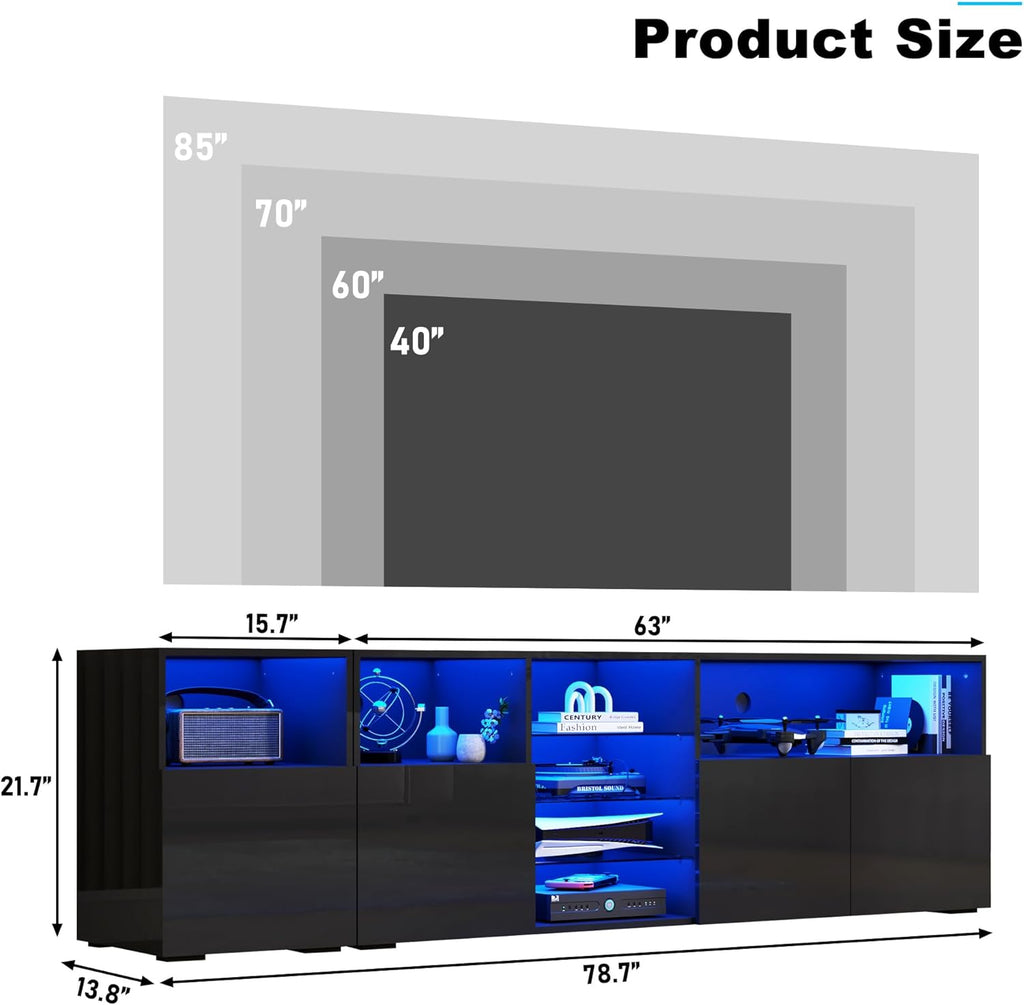Hlivelood LED TV Stand for 85 Inch TV, Modern TV Stand with Power Outlet, High Glossy Modern TV Console Entertainment Center with Storage and LED Lights for Living Room, Bedroom, Black