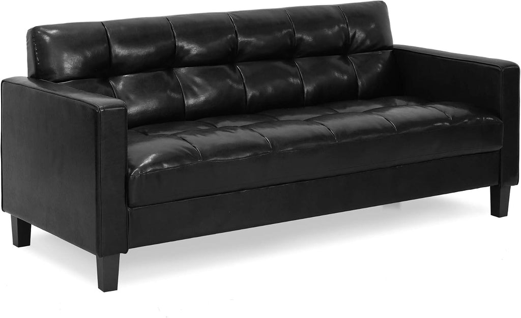 Furinno Brive Contemporary Tufted Faux Leather 3-Seater Sofa Couch for Living Room, Black Faux Leather