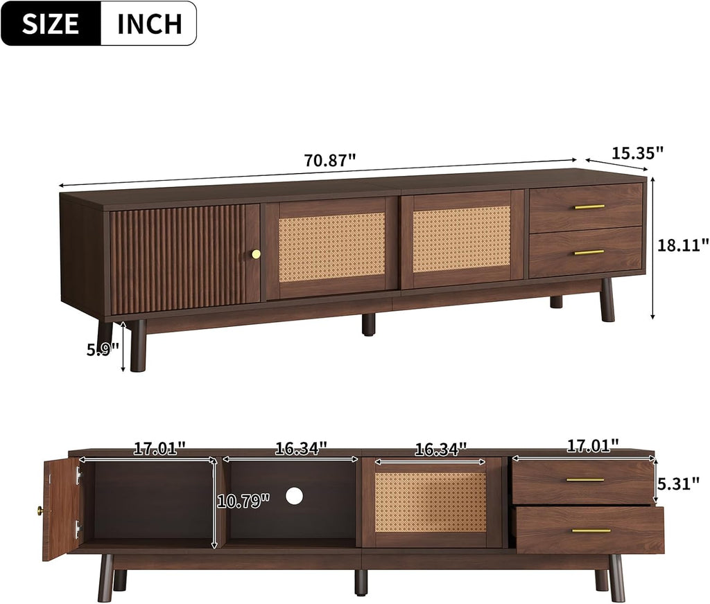 Merax 70' TV Stand with Storage for 65-75 inch TV, Fluted Wood Entertainment Center with Sliding Rattan Doors and Drawers for Living Room, Mid Century Modern Media Console