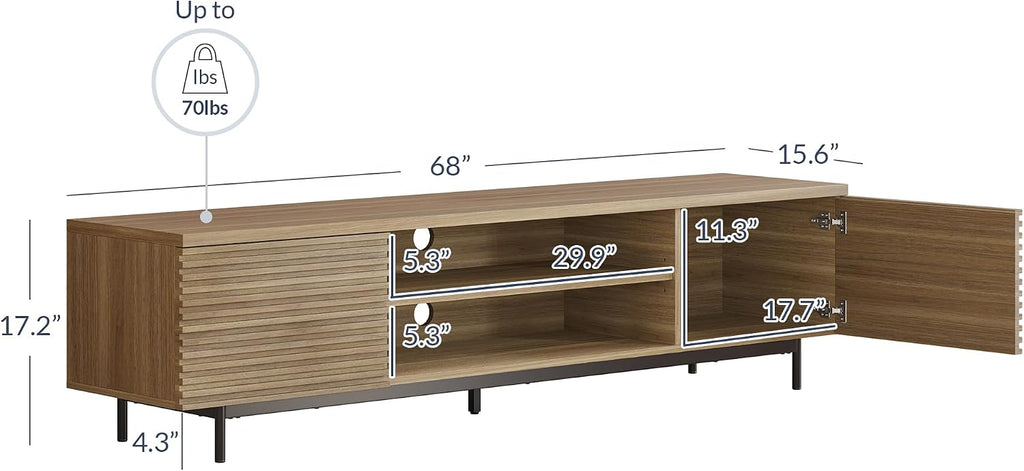 BELLEZE Fluted TV Stand for TV up to 75', Modern Entertainment Center with Storage Media Console Table with Cable Management, Wood TV Cabinet for Home Living Room Bedroom(Camel), 68'x15.6'x17.2'