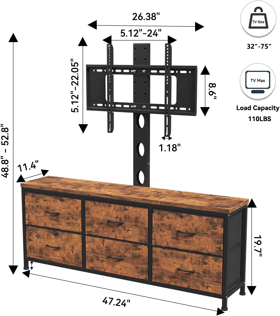 TV Stand with Mount, Fabric Dresser with 6 Drawers for 32/45/55/60/65/75 inch TVs, Dresser Entertainment Center, Modern Media TV Console Table