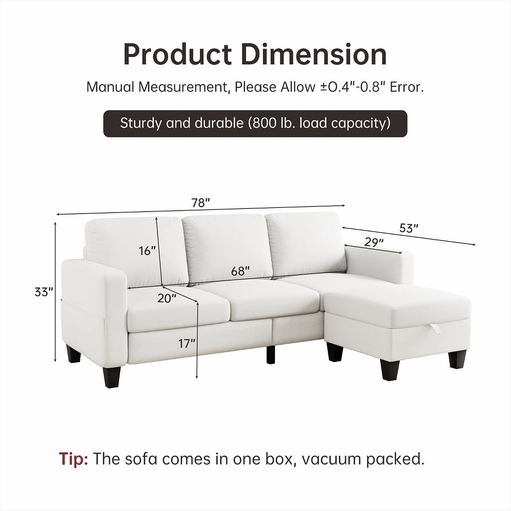 Youmumeub Sectional Couches for Living Room - Convertible Sofa and Storage Bench,79''Modern Corner Configuration,Suitable for Living Room, Apartment, Bedroom and Office-Beige | Reversible Chaise, Washable Covers