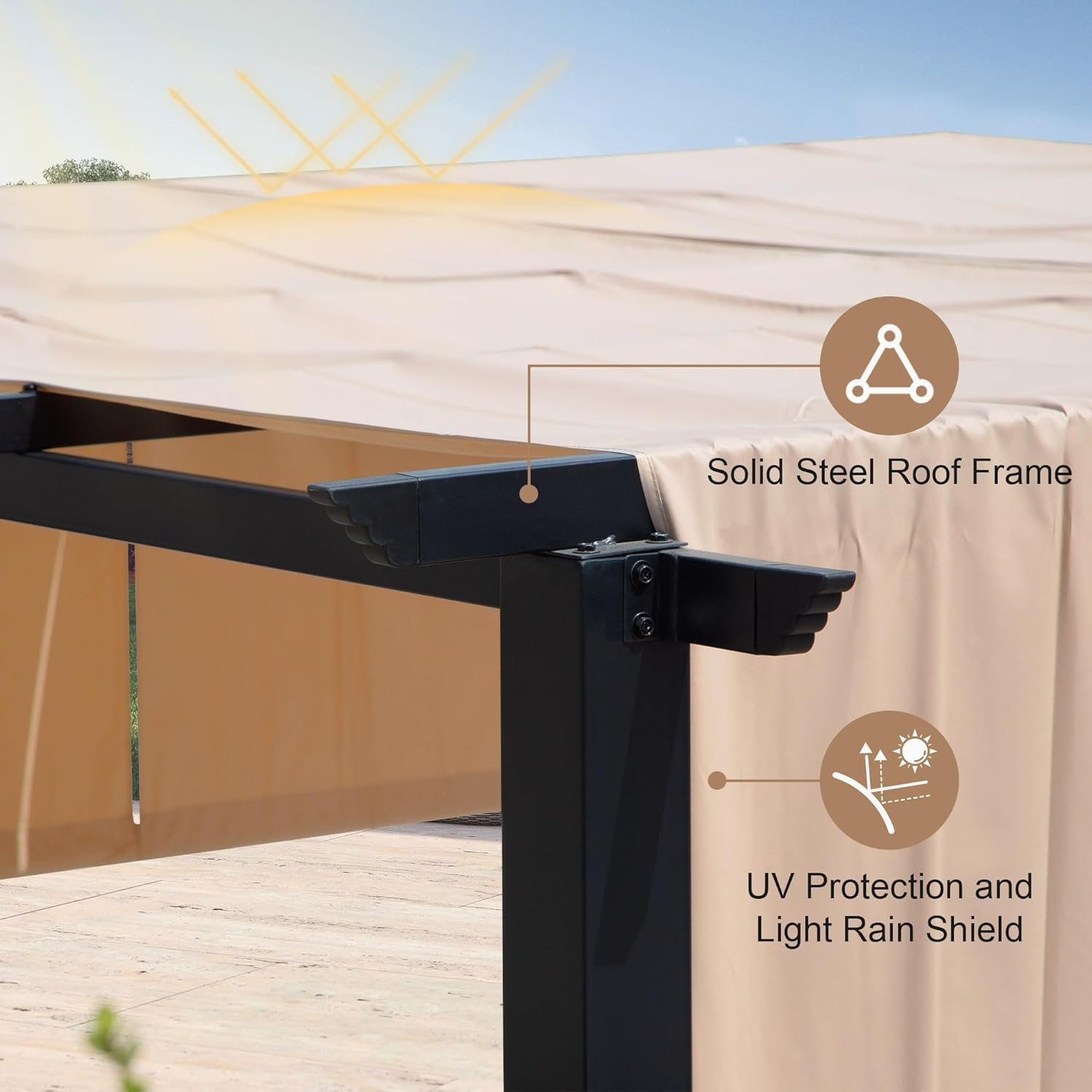 10' X 10' Outdoor Modern Steel Pergola with Retractable Canopy, Beige