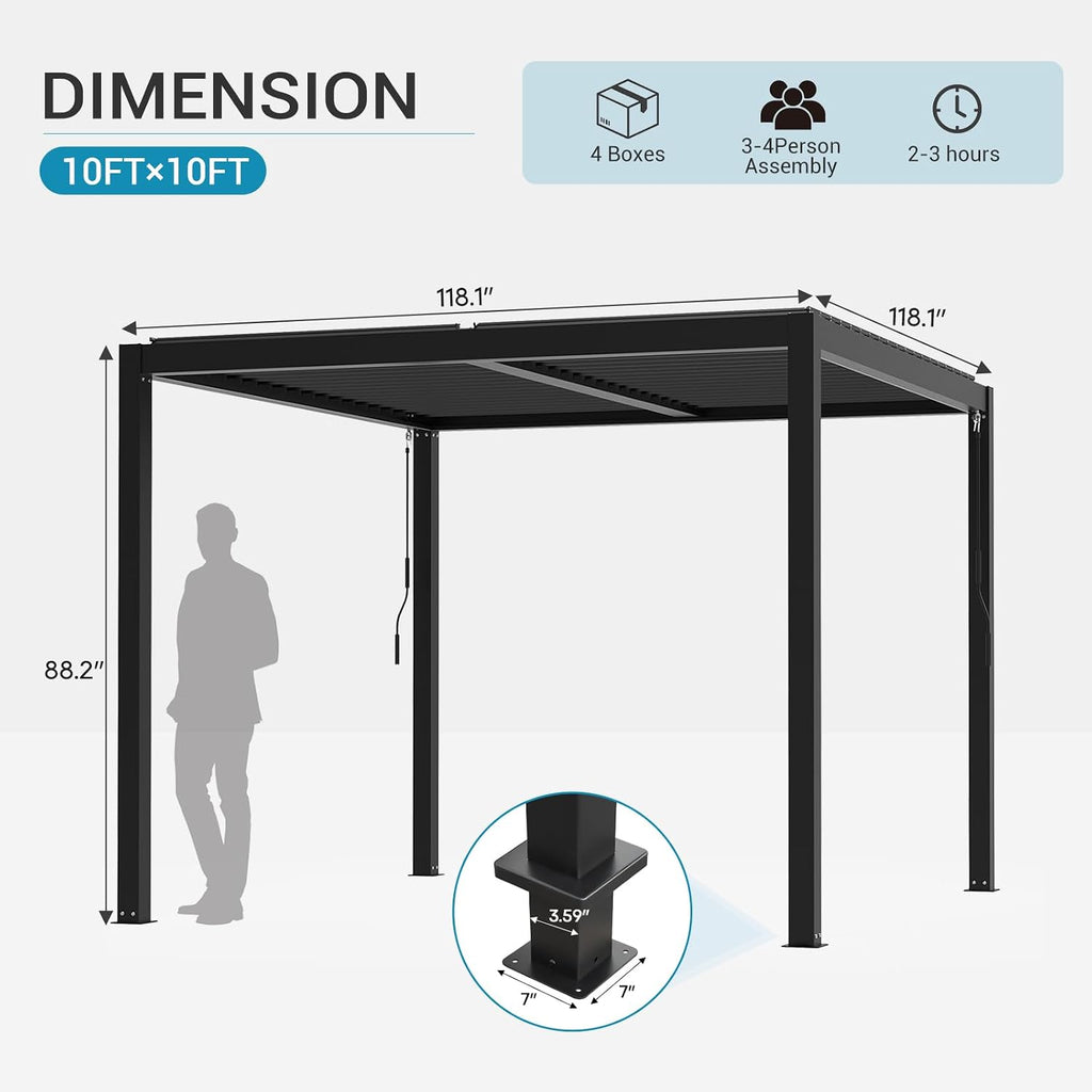 LVUYOYO Outdoor Louvered Pergola 10' x 10', Patio Aluminum Pergola with Adjustable Roof, Metal Gazebo for Backyard, Garden, Deck(Black)