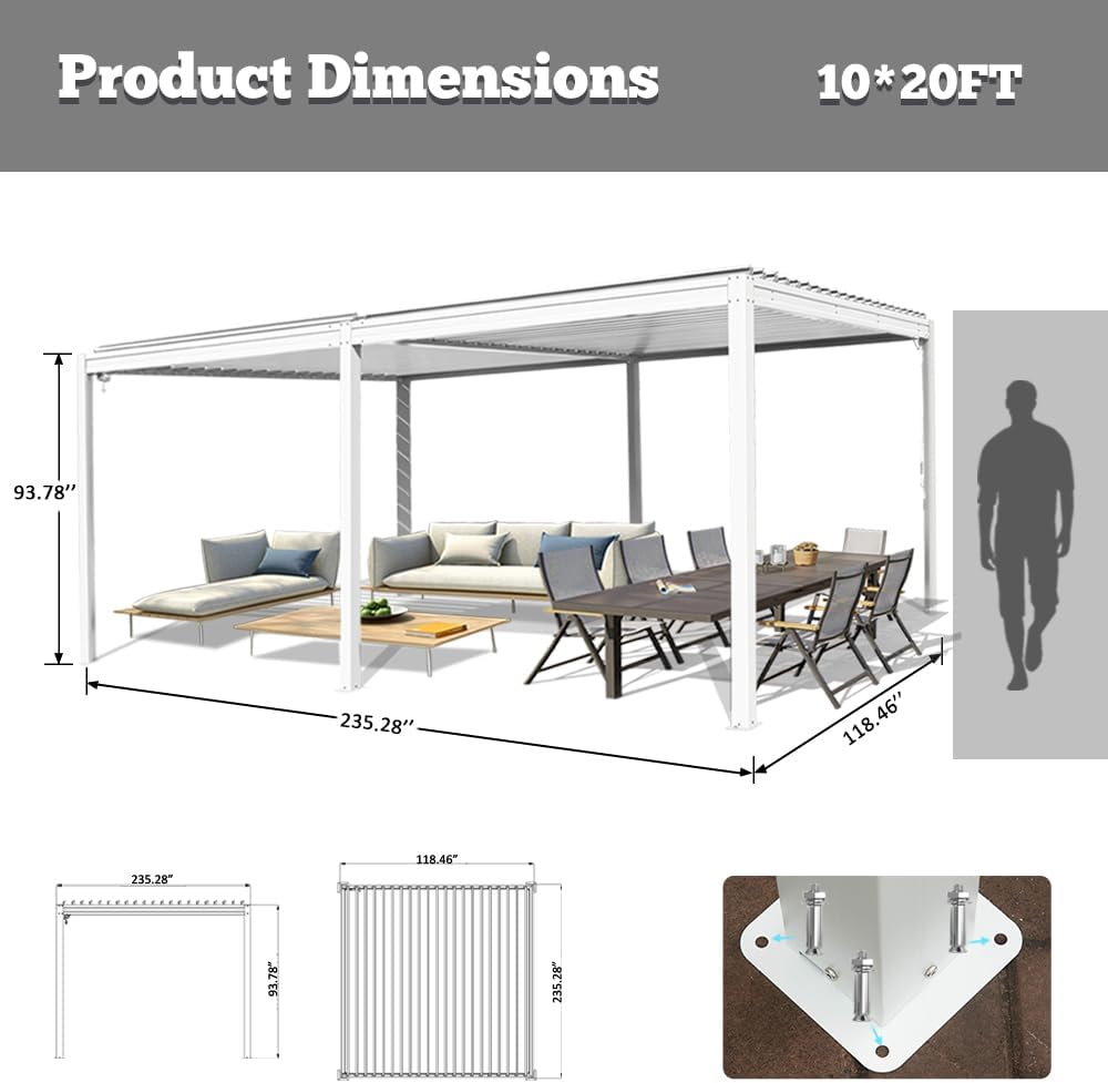 Domi Outdoor Pergola 10' x 20' Aluminum Louvered Pergola with Adjustable Roof, Aluminum Frame, Efficient Drainage System for Patio, Deck, Garden, White