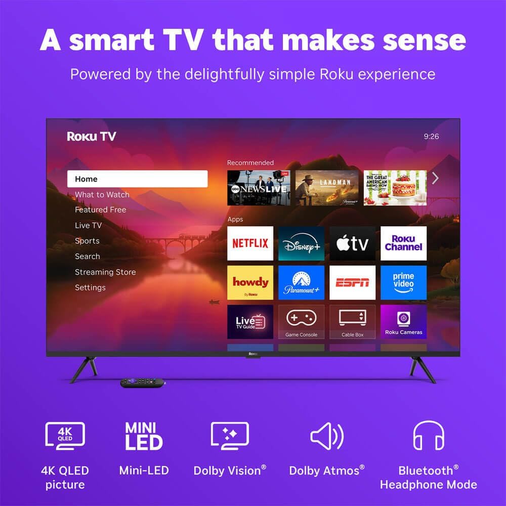 Roku 55-Inch Plus Series 4K QLED Mini-LED Smart TV, Dolby Vision & Atmos, HDR Plus, Bluetooth, Wi-Fi, 60Hz, Voice Control, Streaming Bundle with UAX HDMI Cable & 12-Month CPS Protection Plan