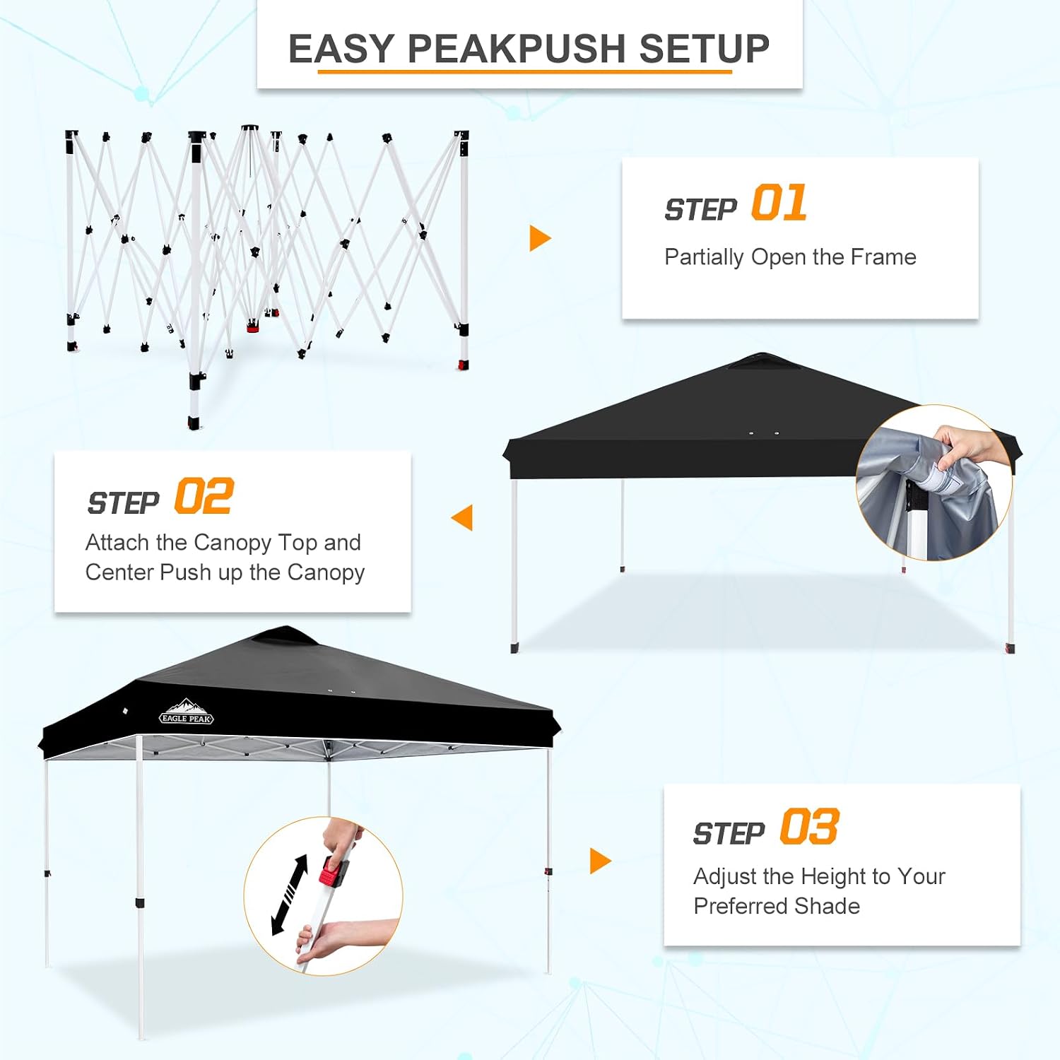 EAGLE PEAK Pop Up Canopy Tent with Wheeled Carry Bag, 8 Stakes, 4 Ropes, 4 Weight Bags, Easy Set Up Tent Canopy, 12x12 ft, 144sqft of Shade, Black
