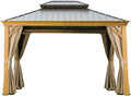 GOWE 10' X 14' Hardtop Gazebo Outdoor Metal Gazebo Canopy with Galvanized Steel Double Roof, Wood Grain Aluminum Frame, Curtains and Netting for Patio, Deck, Garden
