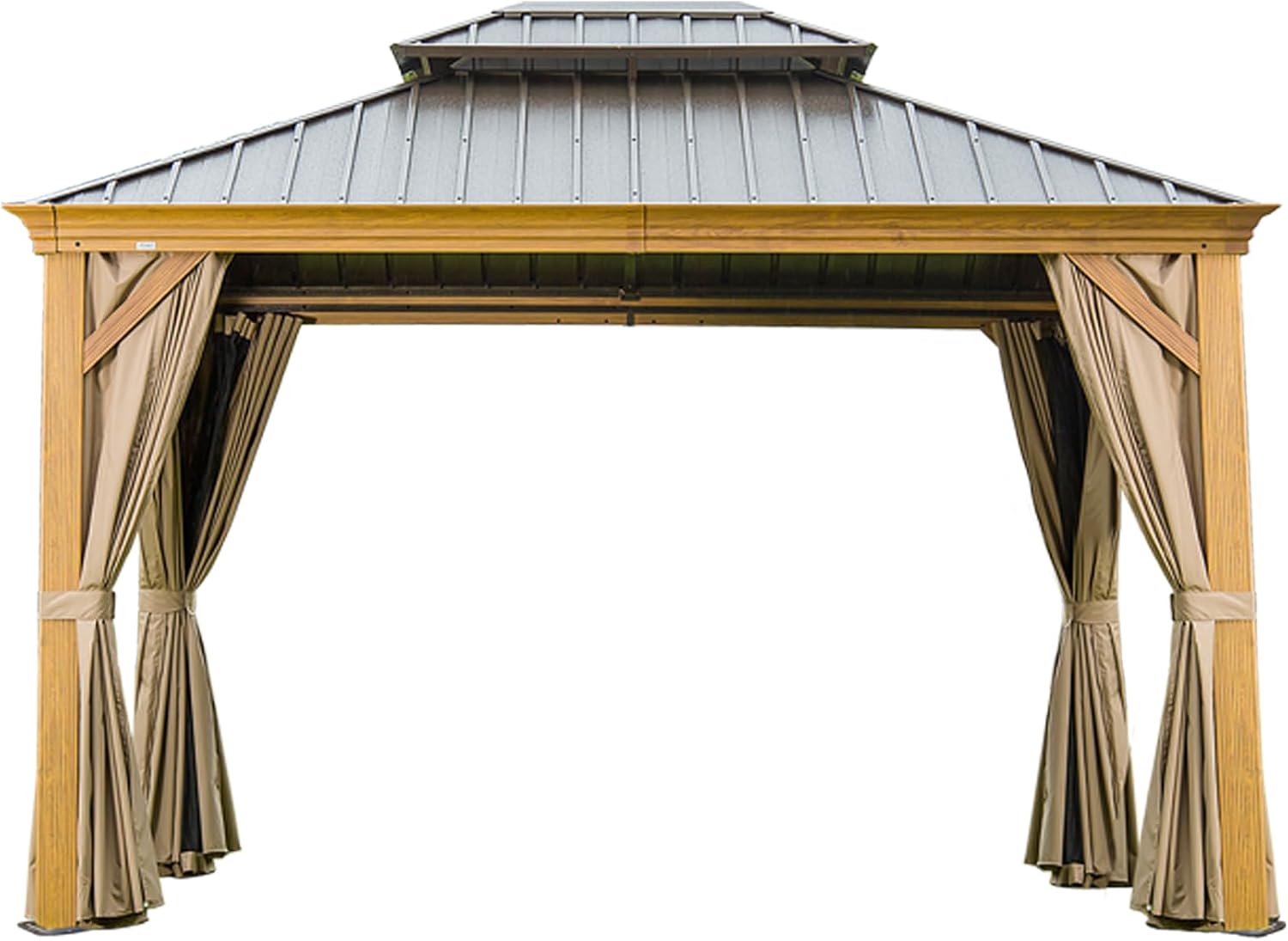 GOWE 10' X 14' Hardtop Gazebo Outdoor Metal Gazebo Canopy with Galvanized Steel Double Roof, Wood Grain Aluminum Frame, Curtains and Netting for Patio, Deck, Garden