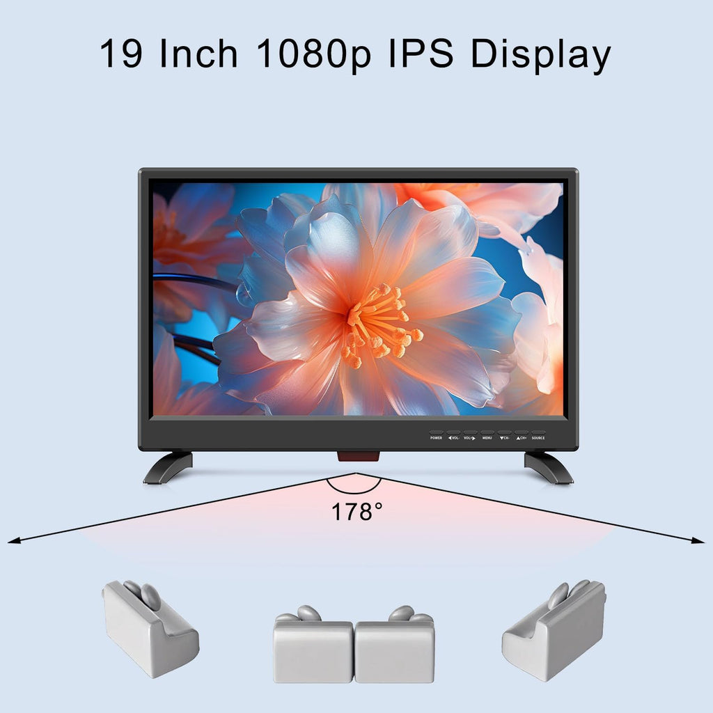 Feihe 19 Inch Flat Screen TV Built in Digital ATSC Tuners, 1080p LED TV with HDMI VGA AV USB Port for Kitchen, Bedroom, RV, Caravan, Camping, Outdoor
