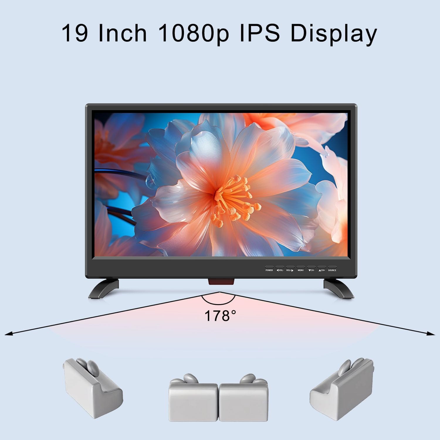Feihe 19 Inch Flat Screen TV Built in Digital ATSC Tuners, 1080p LED TV with HDMI VGA AV USB Port for Kitchen, Bedroom, RV, Caravan, Camping, Outdoor