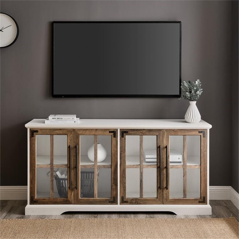 Pemberly Row 58' 4-Glass Door TV Stand Console, Brushed White and Rustic Oak Finish, Adjustable Shelves, Cord Management, Soft Close Hinges, Farmhouse Media Console for Living Room, Fits up to 64' TV