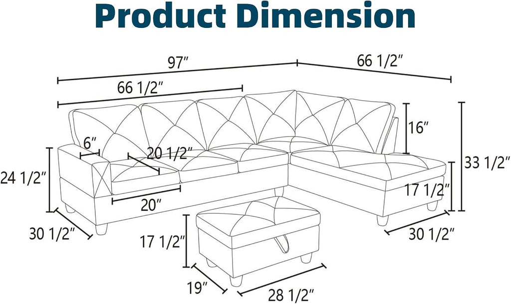97.5' L Shaped Couch Set, Modular Sectional Couches for Living Room with Storage Ottoman, 4 Seat Home Sofa Living Room Furniture Sets with Chaise for Apartment Office (Faux Leather, Black)