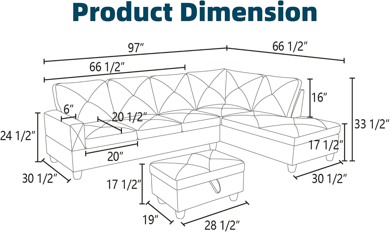 97.5' L Shaped Couch Set, Modular Sectional Couches for Living Room with Storage Ottoman, 4 Seat Home Sofa Living Room Furniture Sets with Chaise for Apartment Office (Faux Leather, Black)