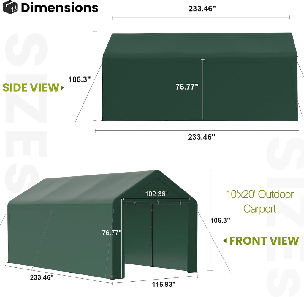 GOJOOASIS 10x20 Carport Heavy Duty Portable Garage Shelter Metal Car Canopy Tent with UV-Resistant & Weatherproof Top Cover for RV & Vehicles (Green, 10x20 with sidewalls)