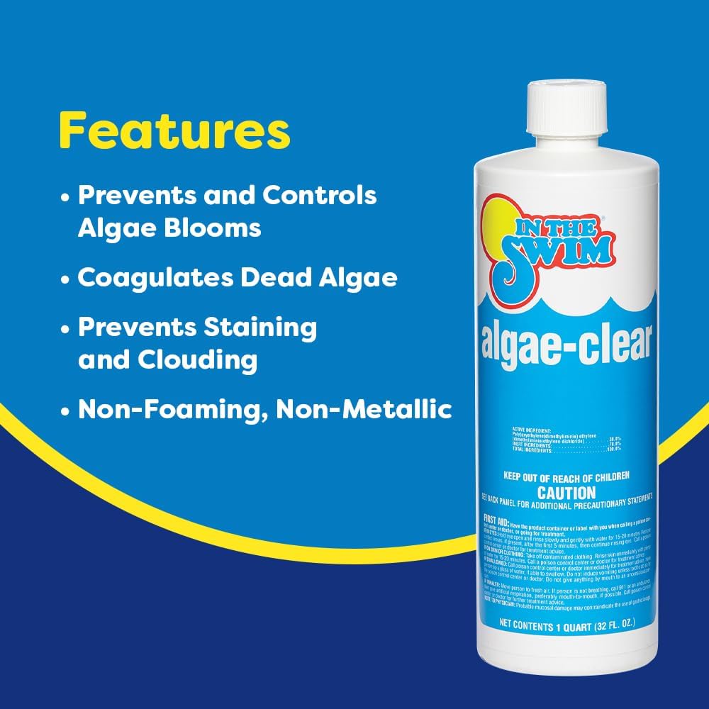 In The Swim Algae-Clear for Above Ground or Inground Swimming Pools - Powerful, Non-Foaming Algaecide and Water Clarifier - Removes Green, Yellow/Mustard, and Black Algae - 1 Gallon