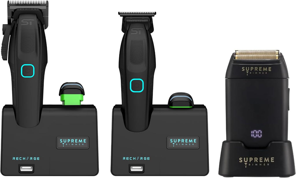 Supreme Trimmer 3-in-1 Recharge Hair Clipper, Beard Trimmer & Crunch Foil Shaver Combo | Removable Batteries, Smart USB Charging Base, Master Barber Set | STB775 + STF602