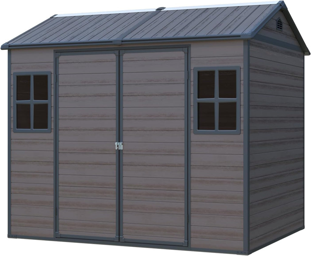 8x6 ft Outdoor Resin Storage Shed with Floor, Waterproof Plastic Garden Shed with Lockable Door and Two Windows, All-Weather Tool Sheds for Backyard, Patio, Lawn (Brown)