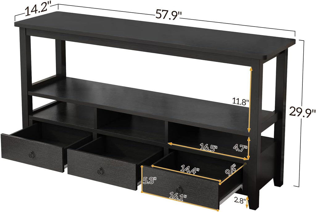 Karl home Console Table with 3 Bottom Drawers, 57.9' W Sofa Side Table Entryway Desk with 3 Storage Cubbies 1 Open Shelf, Vintage TV Stand for Hallway Living Room Office, Black 29.9' H