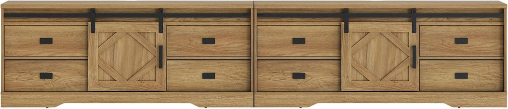 WAMPAT 118' Wide Modern Farmhouse 2 in 1 TV Stand for up to 130' TVs,Faux Bark Finish Wood Entertainment Center with 8 Drawers and Sliding Barn Doors for Living Room,Vintage Oak